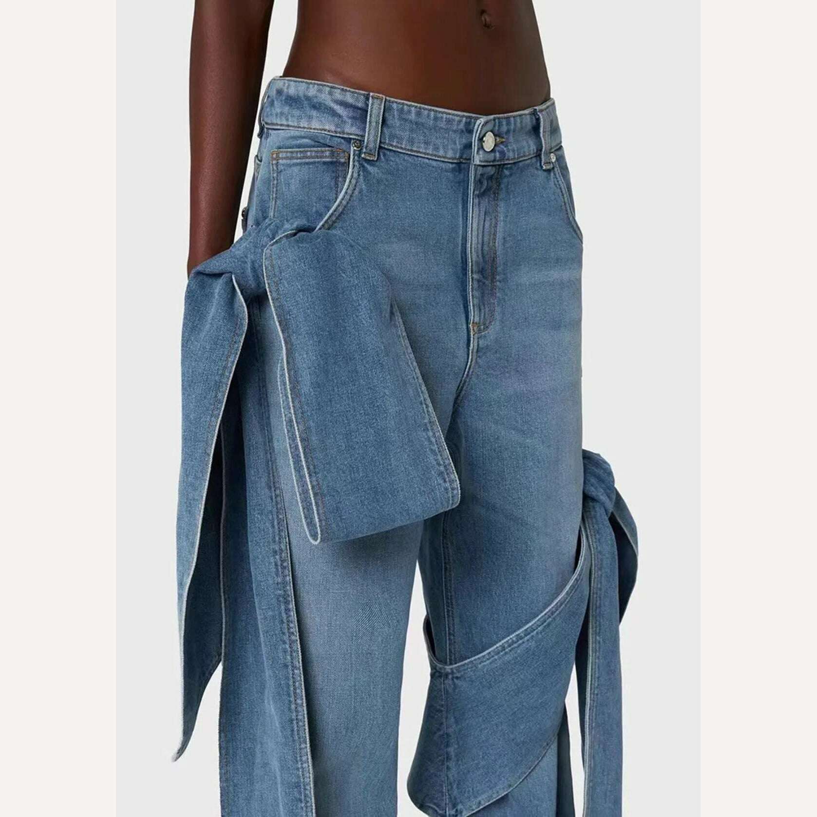 GetSpring Women Denim Pants Sets 2024 Vintage 3D Bow Strapless Backless Sexy Crop Tops Straight Wide Leg Jeans Two Pieces Sets - KIMLUD
