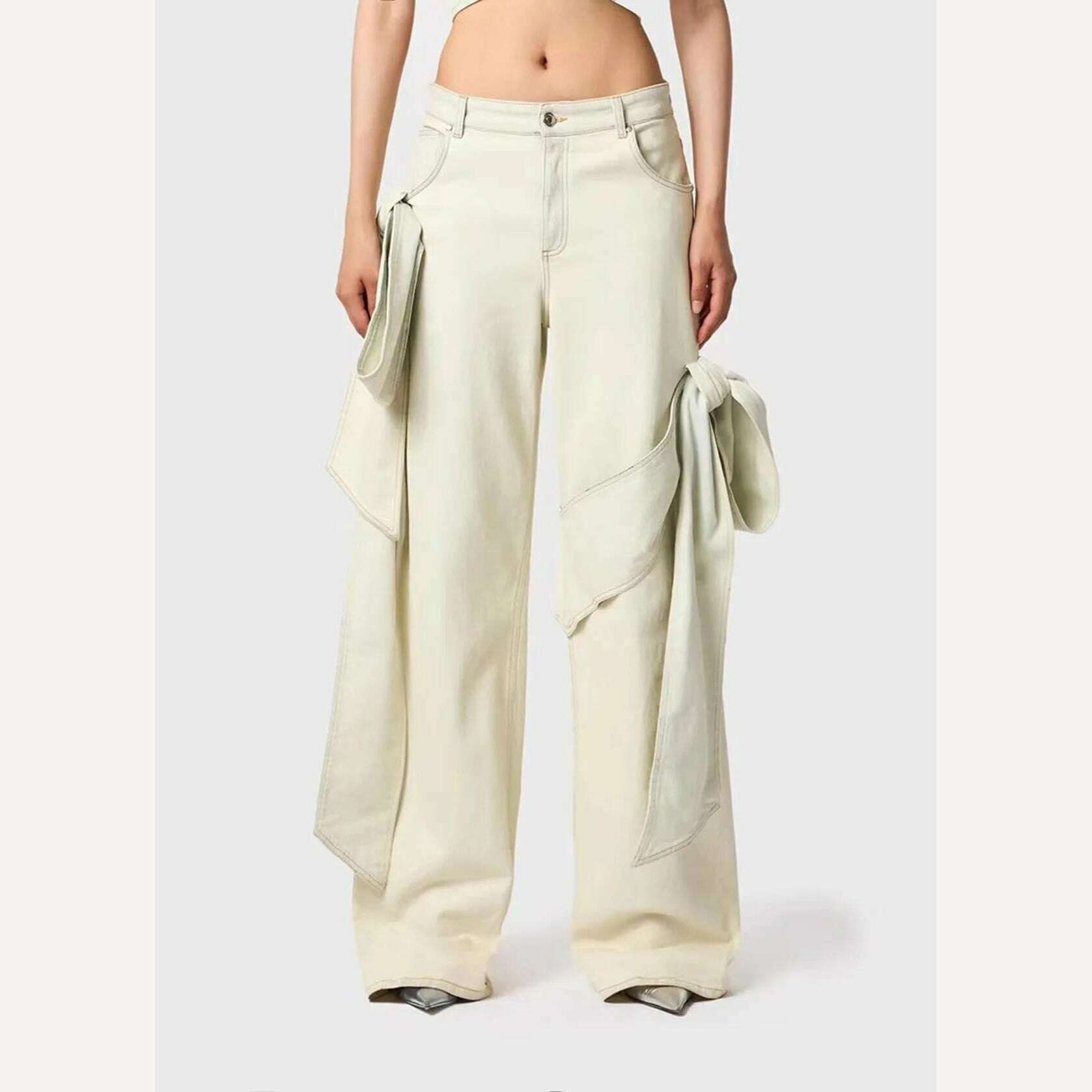 GetSpring Women Denim Pants Sets 2024 Vintage 3D Bow Strapless Backless Sexy Crop Tops Straight Wide Leg Jeans Two Pieces Sets - KIMLUD