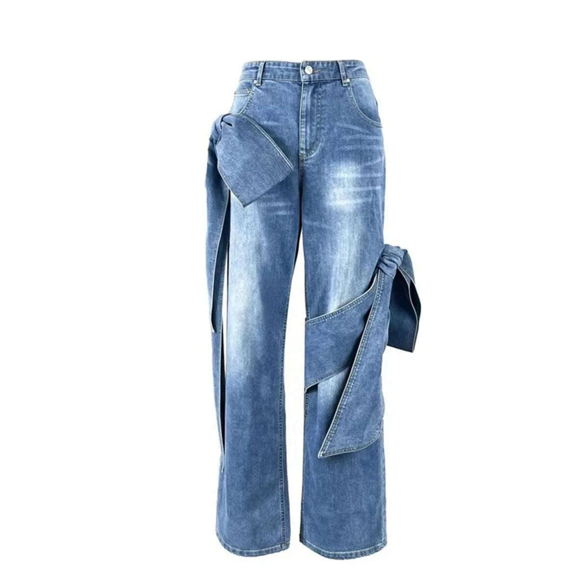 GetSpring Women Denim Pants Sets 2024 Vintage 3D Bow Strapless Backless Sexy Crop Tops Straight Wide Leg Jeans Two Pieces Sets - KIMLUD