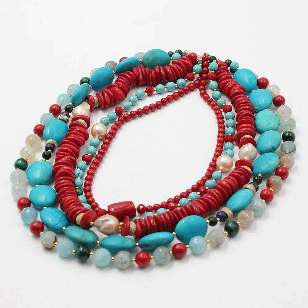KIMLUD, GG 5 Rows Freshwater Keshi Pearl Howlite Rondelle Tiger eye Red Coral Lapis Crystal Statement Necklace Handmade For Women, KIMLUD Womens Clothes