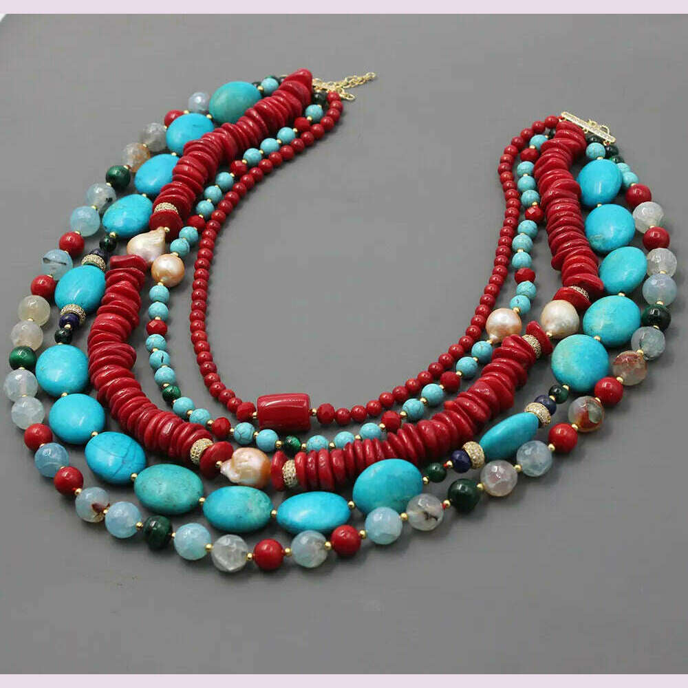 KIMLUD, GG 5 Rows Freshwater Keshi Pearl Howlite Rondelle Tiger eye Red Coral Lapis Crystal Statement Necklace Handmade For Women, KIMLUD Womens Clothes