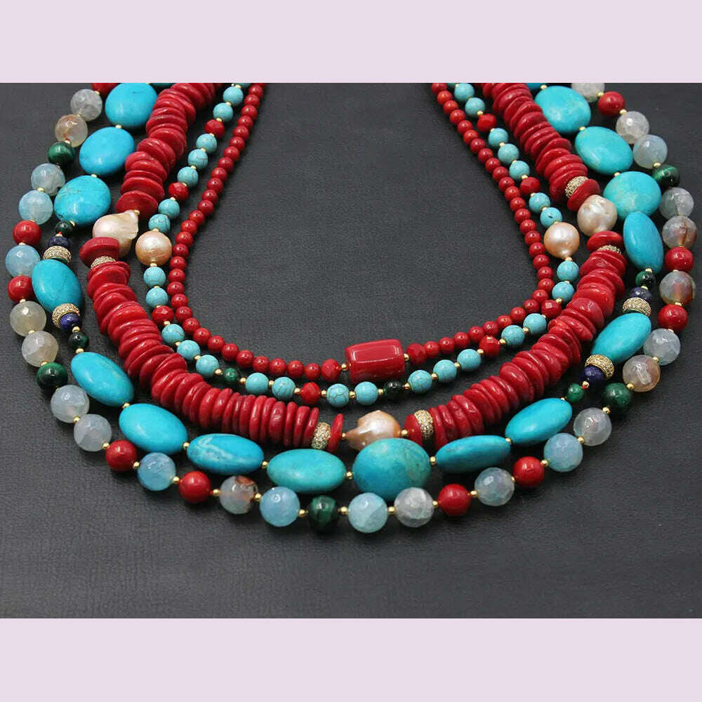 KIMLUD, GG 5 Rows Freshwater Keshi Pearl Howlite Rondelle Tiger eye Red Coral Lapis Crystal Statement Necklace Handmade For Women, KIMLUD Womens Clothes
