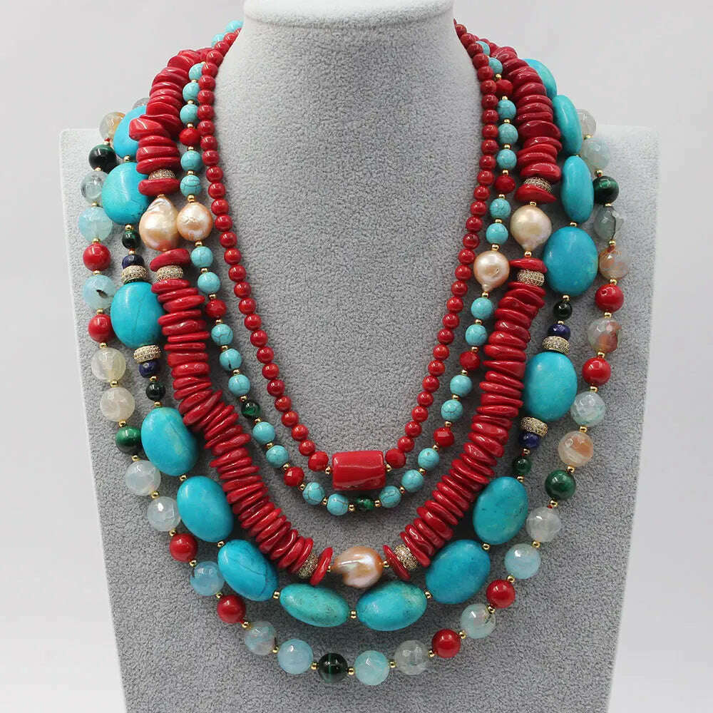 KIMLUD, GG 5 Rows Freshwater Keshi Pearl Howlite Rondelle Tiger eye Red Coral Lapis Crystal Statement Necklace Handmade For Women, Default Title, KIMLUD APPAREL - Womens Clothes