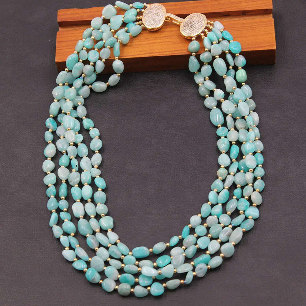 KIMLUD, GG Jewelry 5 Rows Natural Green Peruvian Amazonite Freeform Shape Real Stone Multi Strands Necklace Handmade For Women, KIMLUD Women's Clothes