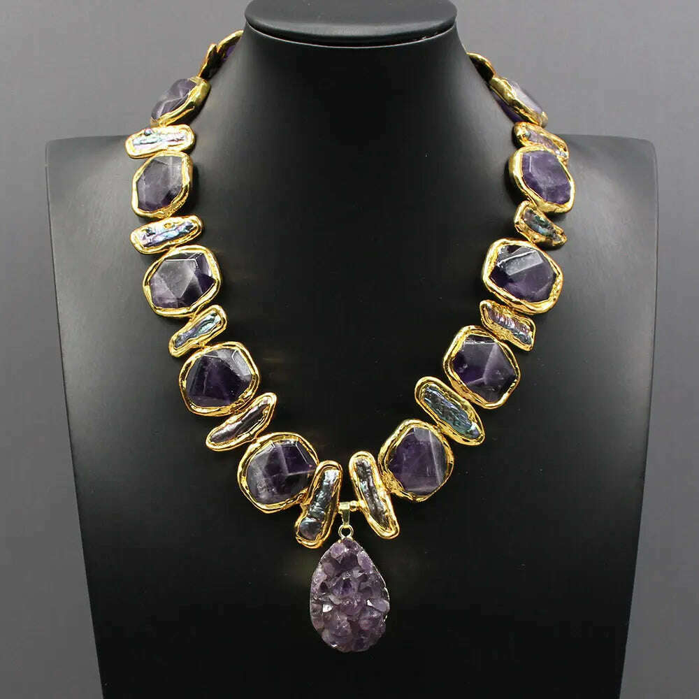 KIMLUD, GG Natural Freshwater Black Biwa Pearl Purple Nugget Amethyst Edge Necklace Gold Color Plated Amethysts Pendant, KIMLUD Womens Clothes
