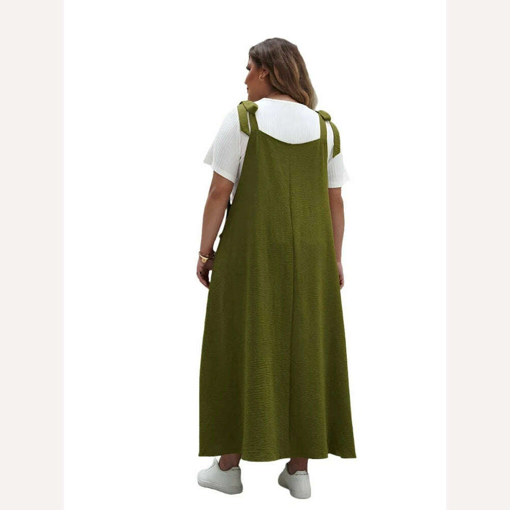 GIBSIE Plus Size Solid Tie Shoulder Overalls Dress For Women 2024 Summer Casual Loose Sleeveless Maxi Long Dresses with Pockets - KIMLUD