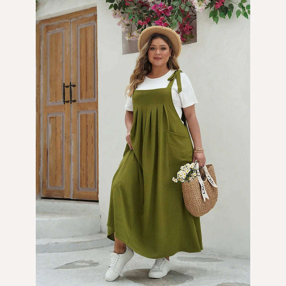 GIBSIE Plus Size Solid Tie Shoulder Overalls Dress For Women 2024 Summer Casual Loose Sleeveless Maxi Long Dresses with Pockets - KIMLUD