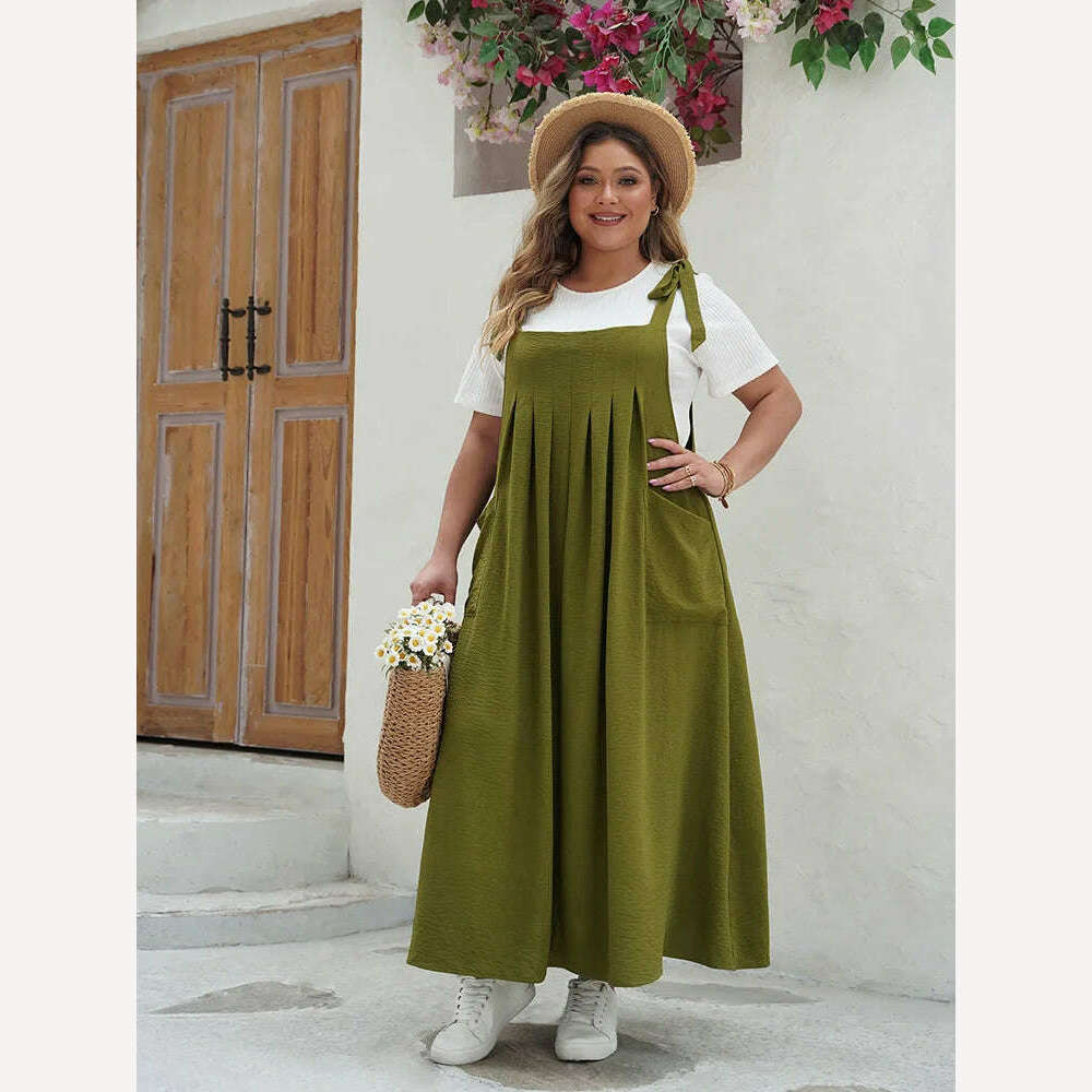 GIBSIE Plus Size Solid Tie Shoulder Overalls Dress For Women 2024 Summer Casual Loose Sleeveless Maxi Long Dresses with Pockets - KIMLUD