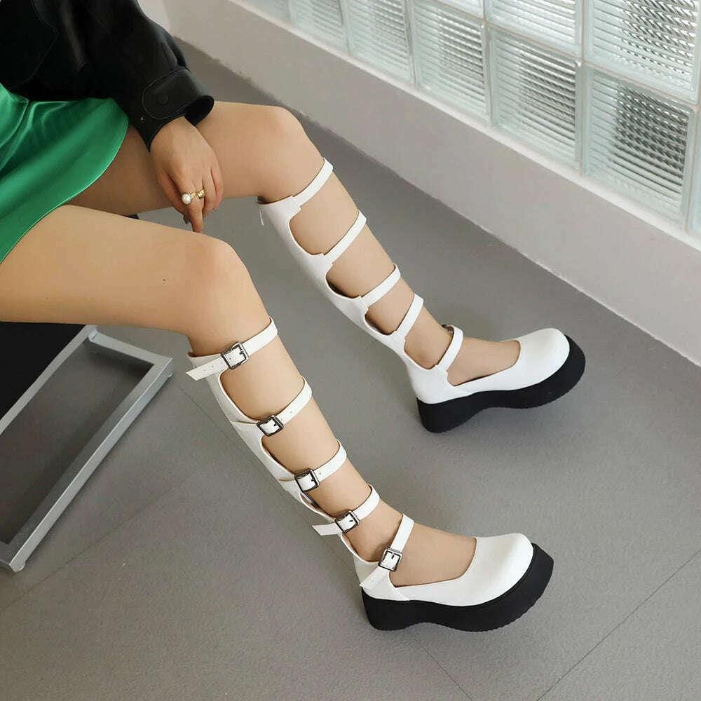 KIMLUD, Girl Wedges Thick Platform Mary Janes Women Shoes Buckle Hollow Motorcycle Cool Boots Sandals New Designer Lolita Women Shoes, KIMLUD Womens Clothes