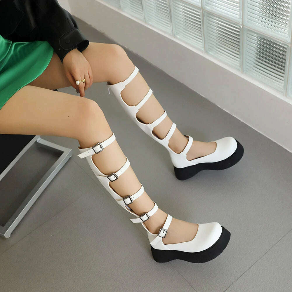 Girl Wedges Thick Platform Mary Janes Women Shoes Buckle Hollow Motorcycle Cool Boots Sandals New Designer Lolita Women Shoes - KIMLUD