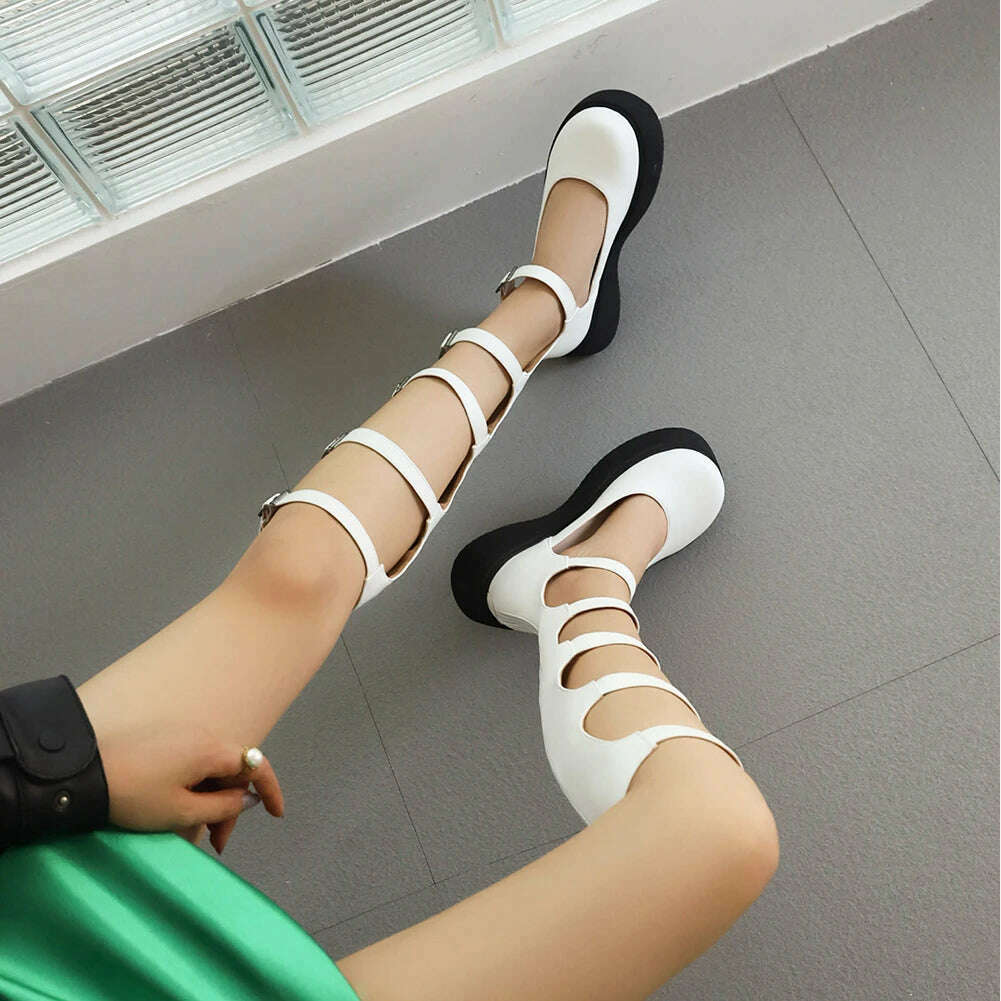 Girl Wedges Thick Platform Mary Janes Women Shoes Buckle Hollow Motorcycle Cool Boots Sandals New Designer Lolita Women Shoes - KIMLUD