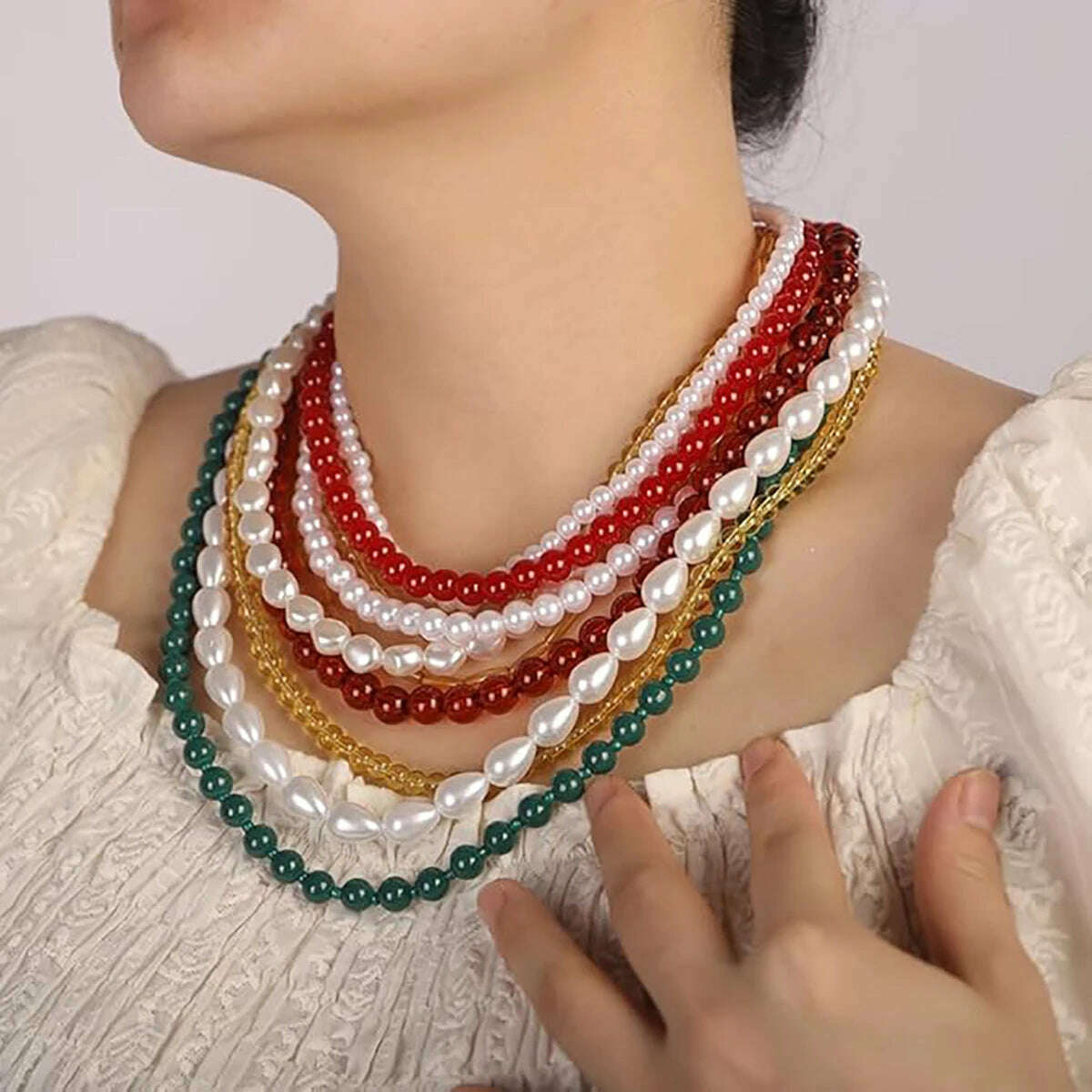 KIMLUD, Girlgo ZAA Multi-Layered Beaded Pearl Choker Necklace Flapper Beads Cluster Long Choker Necklace Multi-Strand Statement Necklace, KIMLUD Womens Clothes