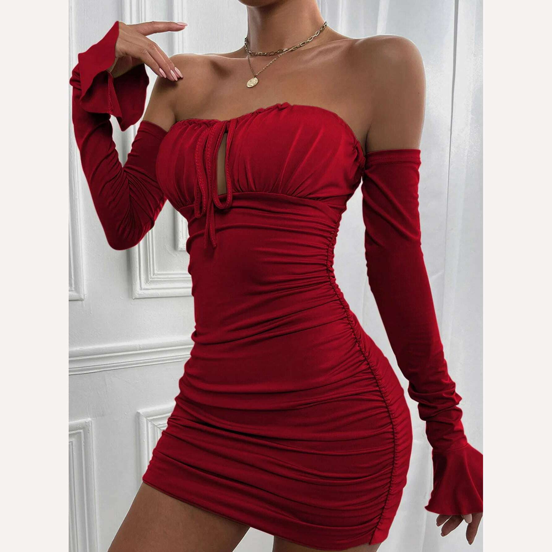 KIMLUD, Giyu Sexy Bodycon Dress Women 2023 Autumn Club Party Dresses  Lace Up Off Shoulder Backless Flare Long Sleeve Ruched Mini Robe, KIMLUD Women's Clothes