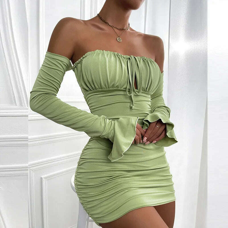 KIMLUD, Giyu Sexy Bodycon Dress Women 2023 Autumn Club Party Dresses  Lace Up Off Shoulder Backless Flare Long Sleeve Ruched Mini Robe, Bean Paste Green / Xs, KIMLUD Women's Clothes
