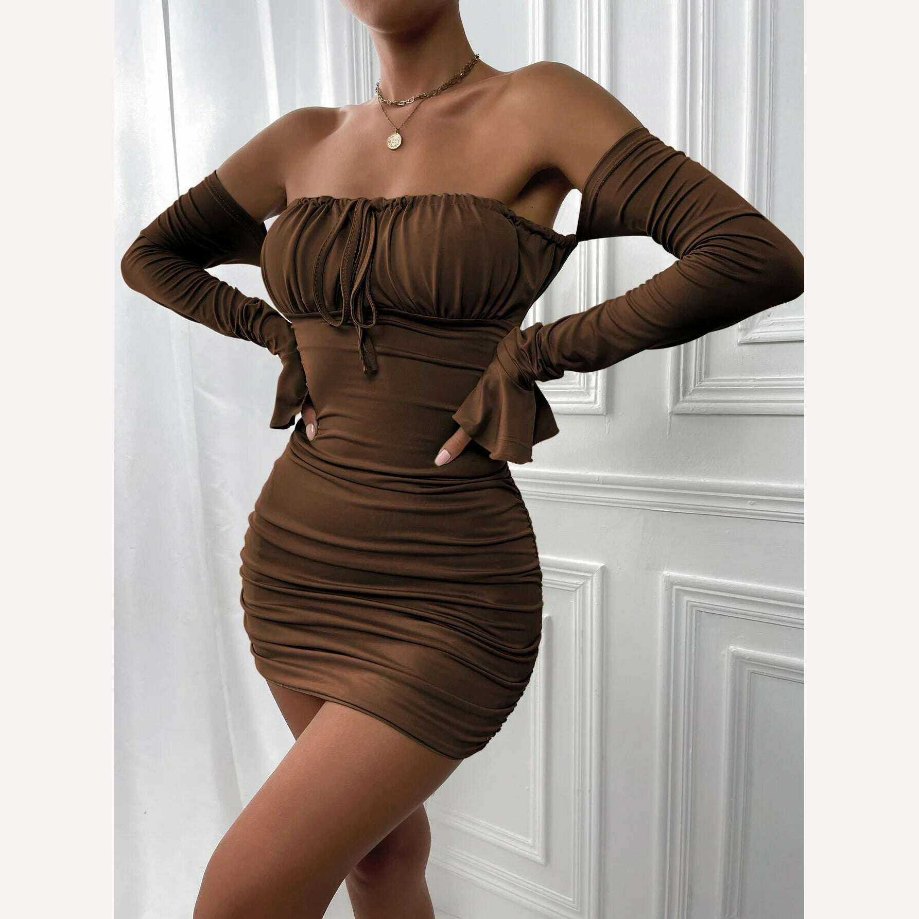 KIMLUD, Giyu Sexy Bodycon Dress Women 2023 Autumn Club Party Dresses  Lace Up Off Shoulder Backless Flare Long Sleeve Ruched Mini Robe, KIMLUD Womens Clothes