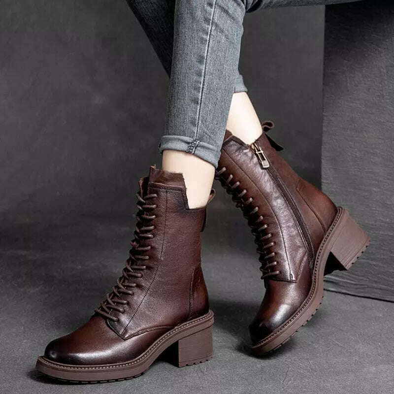 KIMLUD, GKTINOO 2022 Cow Leather Quality Women Shoes Autumn Winter Square Med Heel Ankle Boots Lace Up Zipper Ladies Pumps Size 35-40, 60883 Brown / 5, KIMLUD Womens Clothes