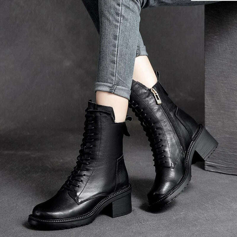 KIMLUD, GKTINOO 2022 Cow Leather Quality Women Shoes Autumn Winter Square Med Heel Ankle Boots Lace Up Zipper Ladies Pumps Size 35-40, 60883 Black / 5, KIMLUD Womens Clothes