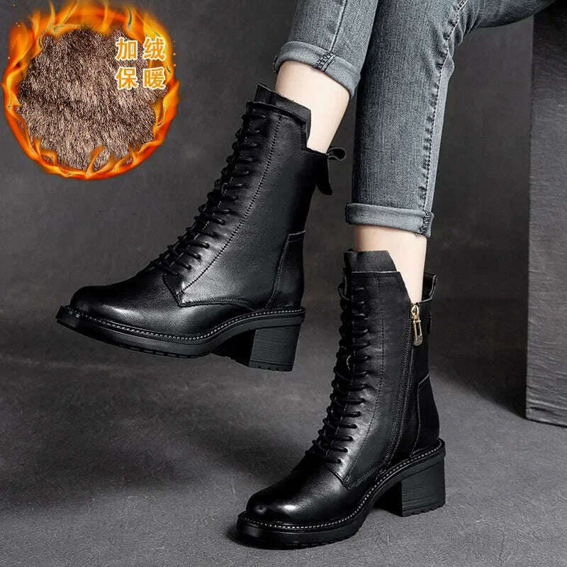 KIMLUD, GKTINOO 2022 Cow Leather Quality Women Shoes Autumn Winter Square Med Heel Ankle Boots Lace Up Zipper Ladies Pumps Size 35-40, Black inside fur / 5, KIMLUD Womens Clothes