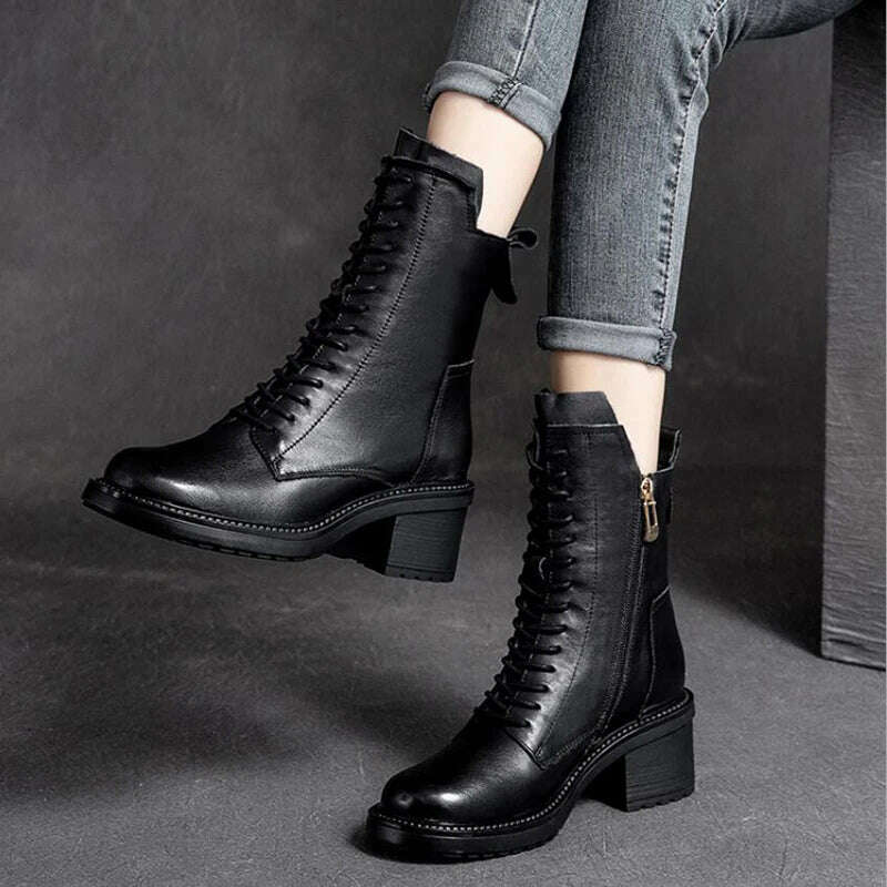 KIMLUD, GKTINOO 2022 Cow Leather Quality Women Shoes Autumn Winter Square Med Heel Ankle Boots Lace Up Zipper Ladies Pumps Size 35-40, KIMLUD Womens Clothes