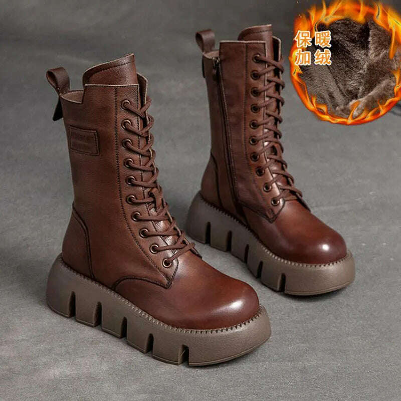 KIMLUD, GKTINOO 2023 Vintage Style Genuine Leather Women Boots Flat Booties Soft Cowhide Women&#39;s Shoes  Zip Ankle Boots zapatos mujer, 88179-3 Brown winter / 5, KIMLUD APPAREL - Womens Clothes