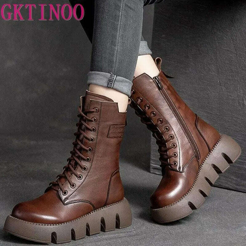 KIMLUD, GKTINOO 2023 Vintage Style Genuine Leather Women Boots Flat Booties Soft Cowhide Women&#39;s Shoes  Zip Ankle Boots zapatos mujer, KIMLUD Womens Clothes