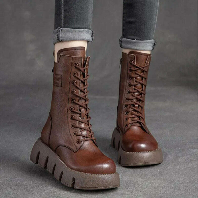 KIMLUD, GKTINOO 2023 Vintage Style Genuine Leather Women Boots Flat Booties Soft Cowhide Women&#39;s Shoes  Zip Ankle Boots zapatos mujer, KIMLUD Womens Clothes