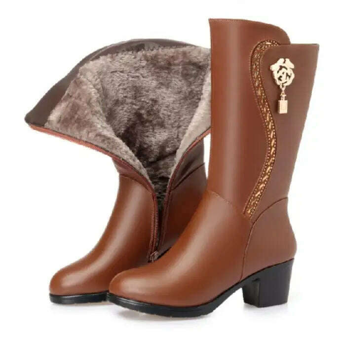 KIMLUD, GKTINOO Winter Knee High Boots Wool Fur Inside Warm Shoes Women High Heels Soft Leather Shoes Platform Snow Boots Footwear Botas, brown plush lining / 5, KIMLUD Womens Clothes