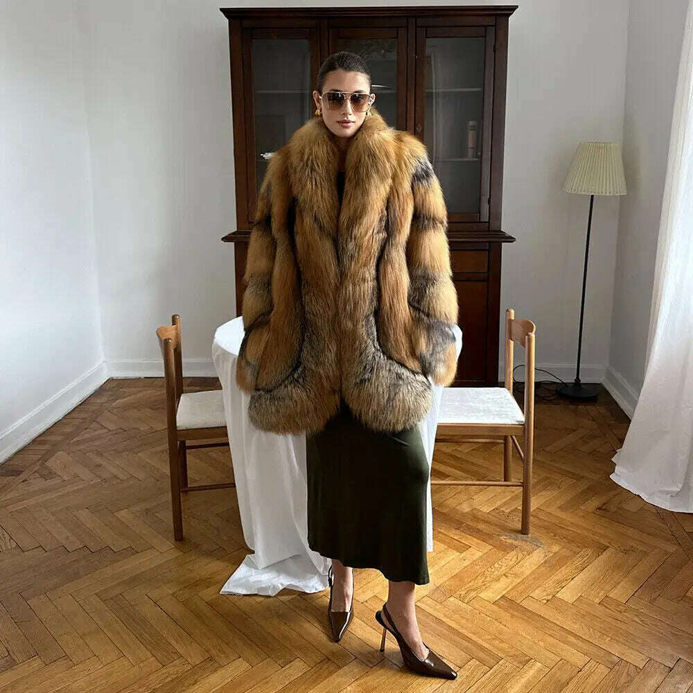 KIMLUD, Glamorous Women's Real Red Fox Fur Lapel Coat Winter Luxury Genuine Fox Fur Jacket Female Elegant Natural Fur Thick Overcoat, KIMLUD Womens Clothes