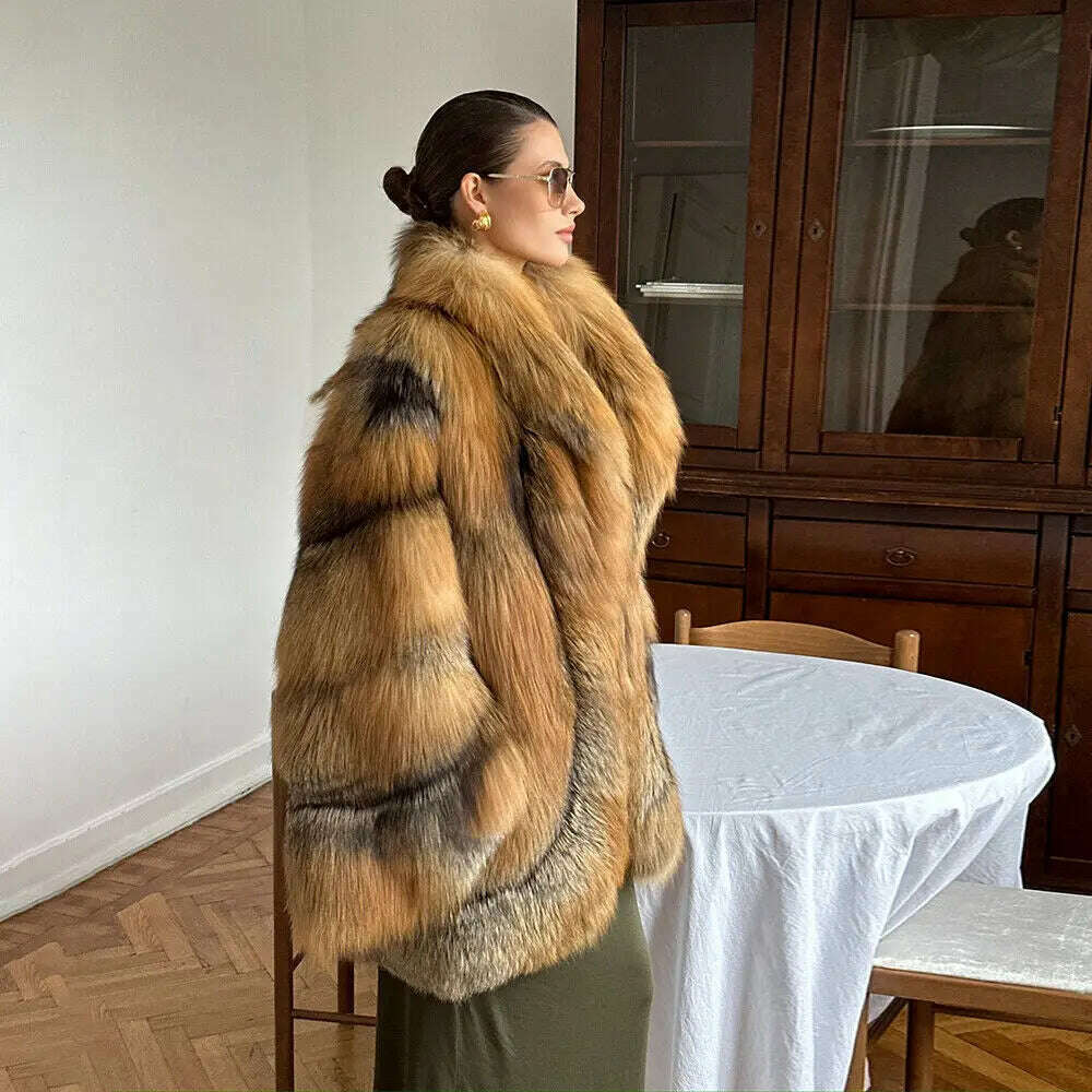KIMLUD, Glamorous Women's Real Red Fox Fur Lapel Coat Winter Luxury Genuine Fox Fur Jacket Female Elegant Natural Fur Thick Overcoat, KIMLUD Womens Clothes