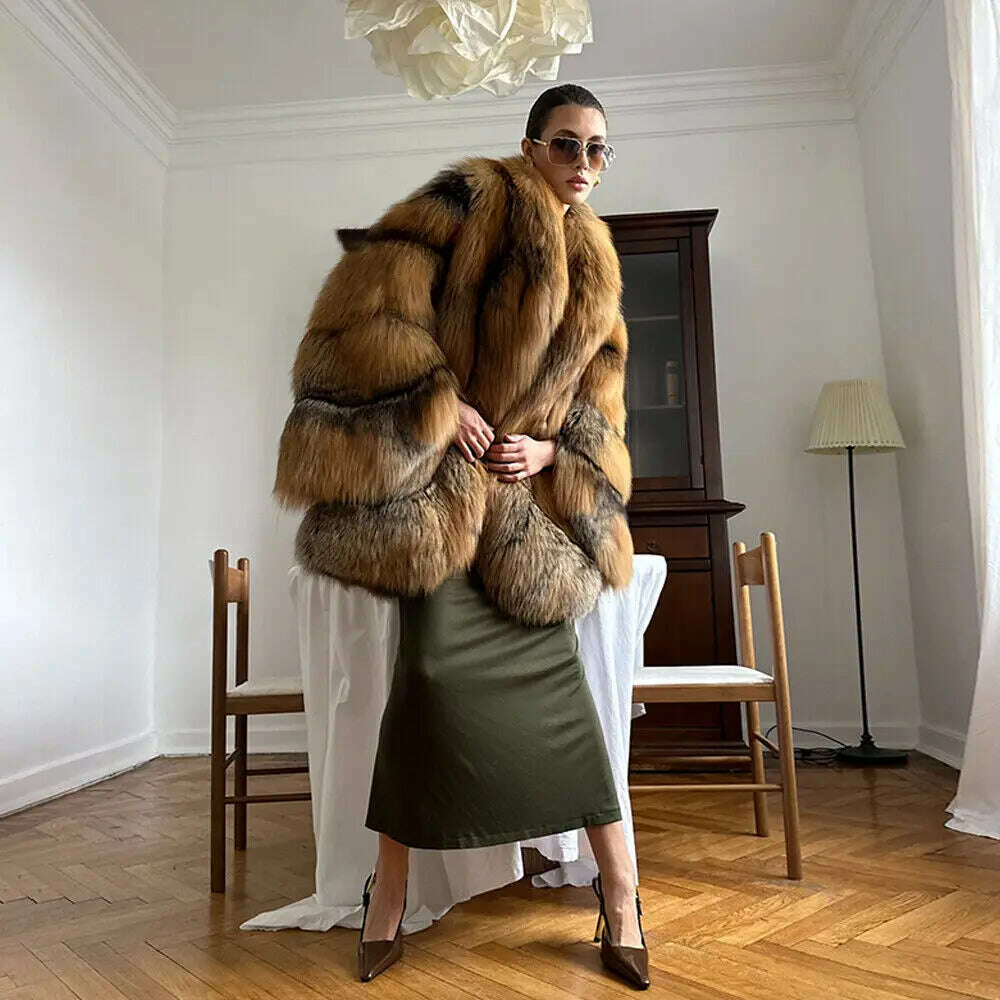 KIMLUD, Glamorous Women's Real Red Fox Fur Lapel Coat Winter Luxury Genuine Fox Fur Jacket Female Elegant Natural Fur Thick Overcoat, KIMLUD Womens Clothes