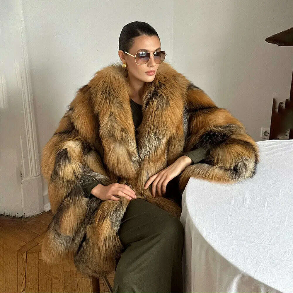 KIMLUD, Glamorous Women's Real Red Fox Fur Lapel Coat Winter Luxury Genuine Fox Fur Jacket Female Elegant Natural Fur Thick Overcoat, KIMLUD Womens Clothes