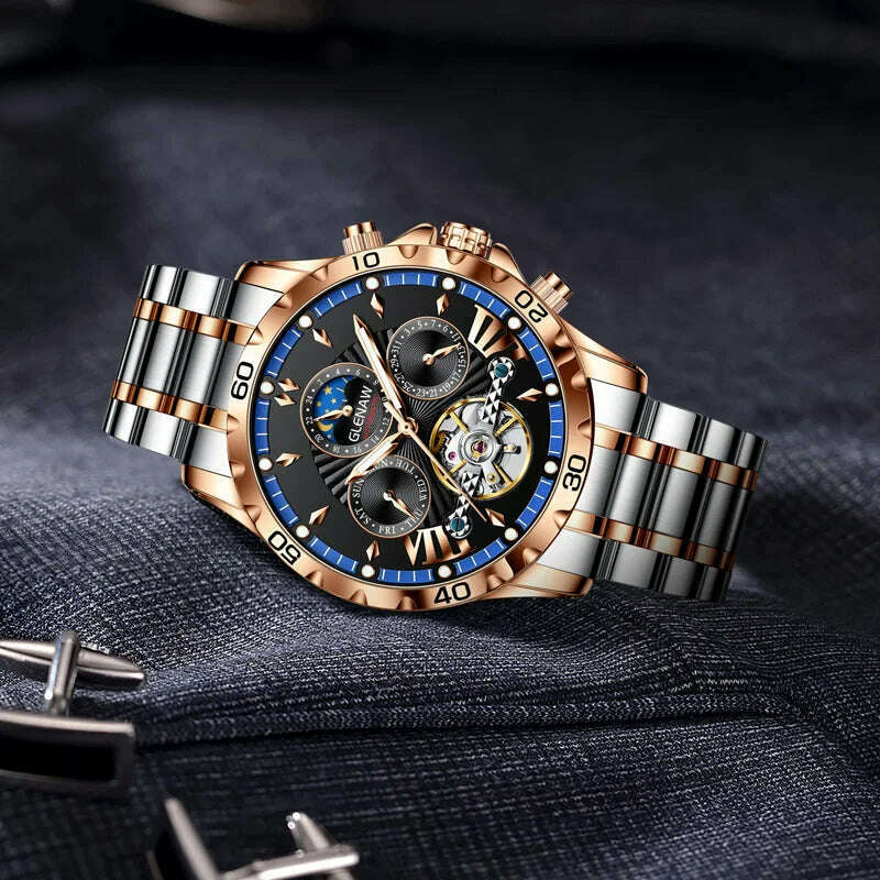 GLENAW Design Mens Watches Top Brand Luxury Fashion Business Automatic Watch Men's Waterproof Mechanical Watch Montre Homme - KIMLUD
