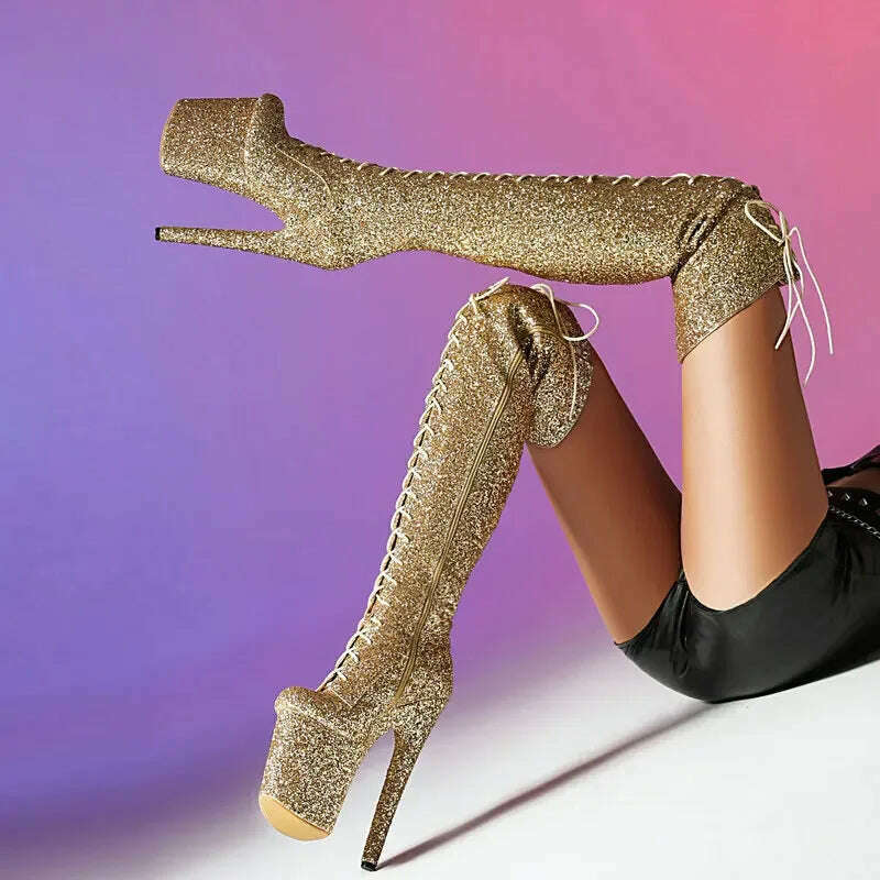 KIMLUD, Glitter Bling Bling Shiny Pole Dance Women Sexy Shoes Super Spike High Heels Overknees Lace-up Platform Stripper Thigh Boots, KIMLUD Women's Clothes