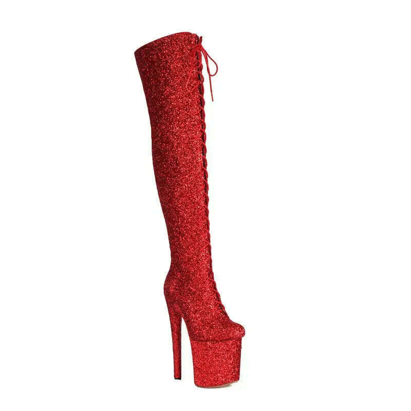 KIMLUD, Glitter Bling Bling Shiny Pole Dance Women Sexy Shoes Super Spike High Heels Overknees Lace-up Platform Stripper Thigh Boots, Red / 4, KIMLUD Womens Clothes