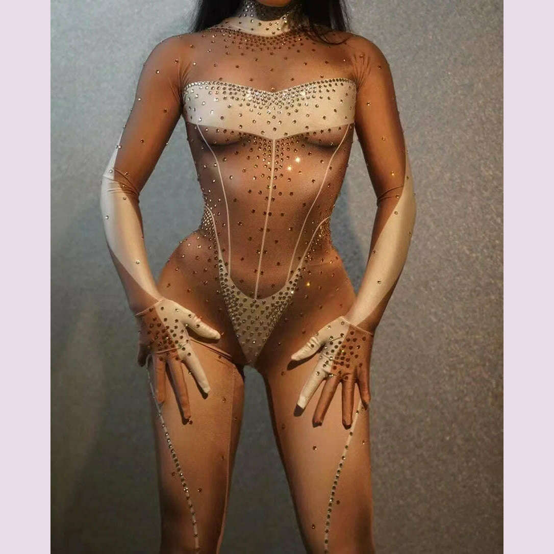 KIMLUD, Glitter Rhinestones Jumpsuit for Women SexyStretch Dance Bodysuit Party Singer Stage WearBirthday Drag iueen Costumes Posui 7G, 8 / S-M, KIMLUD APPAREL - Womens Clothes