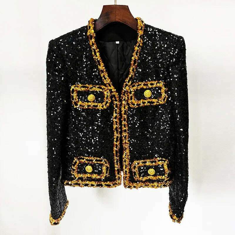 KIMLUD, Glitter Sequins Formal Women Suit Blazer Female Business Work Wear Shiny Long Sleeve Coat 1 Piece Jacket Outfit With Pocket, black / us size 14W, KIMLUD APPAREL - Womens Clothes