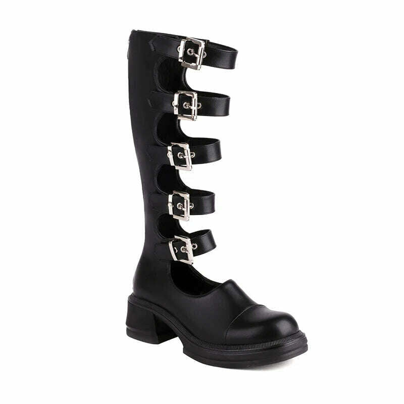 KIMLUD, Glossy Patent Leather Plus Size Five-Row Metal Belt Buckle Hollow-Out Knee-Length Boots with Back Zipper Thick Heel Sexy Boots, PU / 35, KIMLUD APPAREL - Womens Clothes