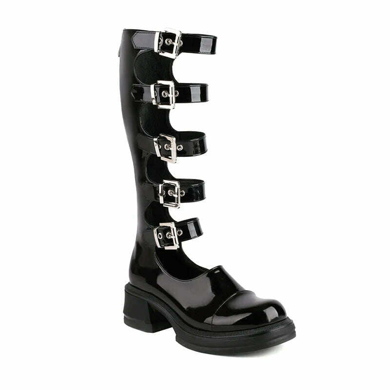 KIMLUD, Glossy Patent Leather Plus Size Five-Row Metal Belt Buckle Hollow-Out Knee-Length Boots with Back Zipper Thick Heel Sexy Boots, Patent leather / 35, KIMLUD APPAREL - Womens Clothes
