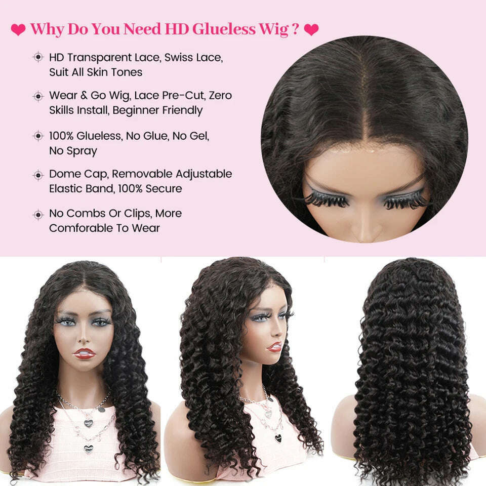 KIMLUD, Glueless Human Hair Wigs Deep Wave Lace Frontal Wigs For Women 180% Quick Easy Install Glueless Wigs 4x4 Lace Wear And Go Wig, KIMLUD Womens Clothes