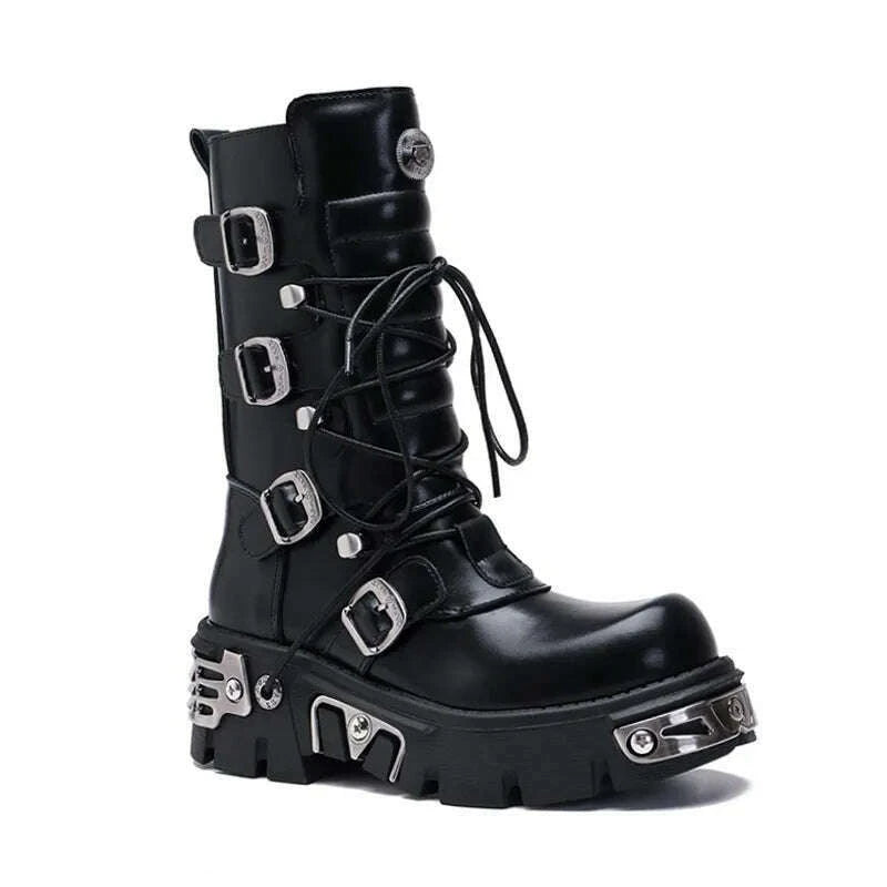 KIMLUD, GOGD Brand Fashion Women's Platform Ankle Boots Motorcycle Boots Mid-calf Military Boots Gothic Belt Punk Shoes Metal Buckle, KIMLUD Womens Clothes