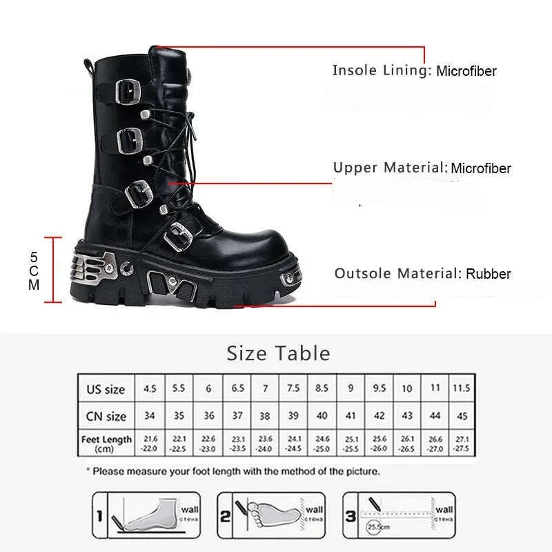 KIMLUD, GOGD Brand Fashion Women's Platform Ankle Boots Motorcycle Boots Mid-calf Military Boots Gothic Belt Punk Shoes Metal Buckle, KIMLUD Womens Clothes