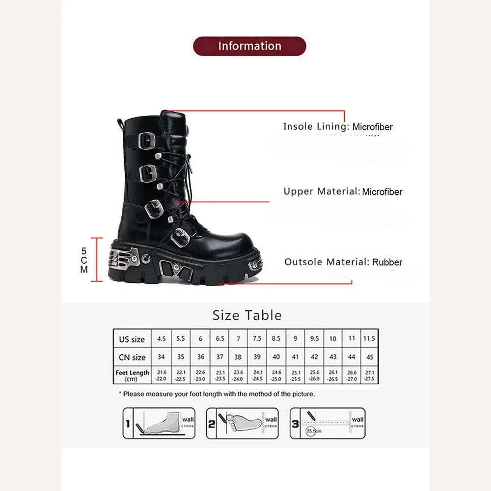 KIMLUD, GOGD Brand Fashion Women's Platform Ankle Boots Motorcycle Boots Mid-calf Military Boots Gothic Belt Punk Shoes Metal Buckle, KIMLUD Womens Clothes