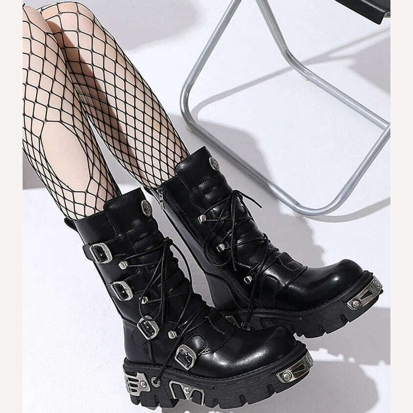KIMLUD, GOGD Brand Fashion Women's Platform Ankle Boots Motorcycle Boots Mid-calf Military Boots Gothic Belt Punk Shoes Metal Buckle, KIMLUD Women's Clothes