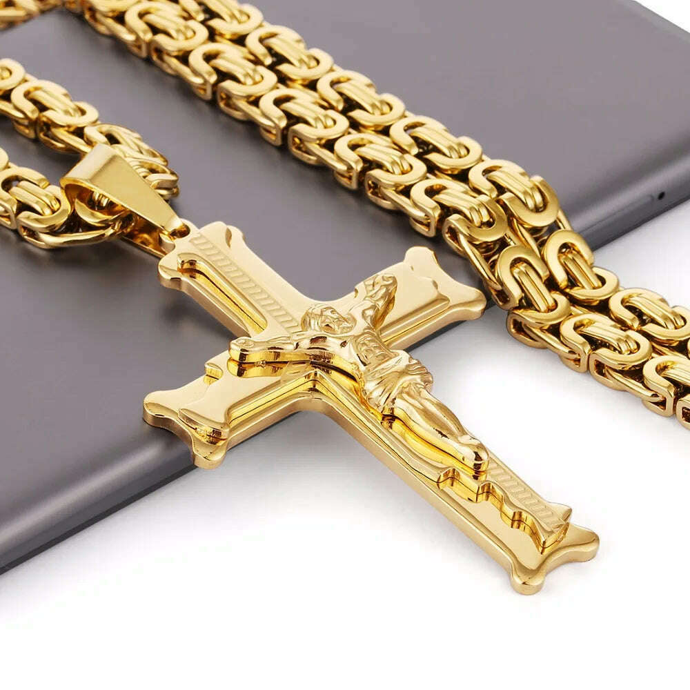 KIMLUD, Gold Color Stainless Steel Jesus Cross Pendant Necklace 6mm Link Byzantine Chain Necklace Long Heavy Men Jewelry collares MN68, KIMLUD Womens Clothes