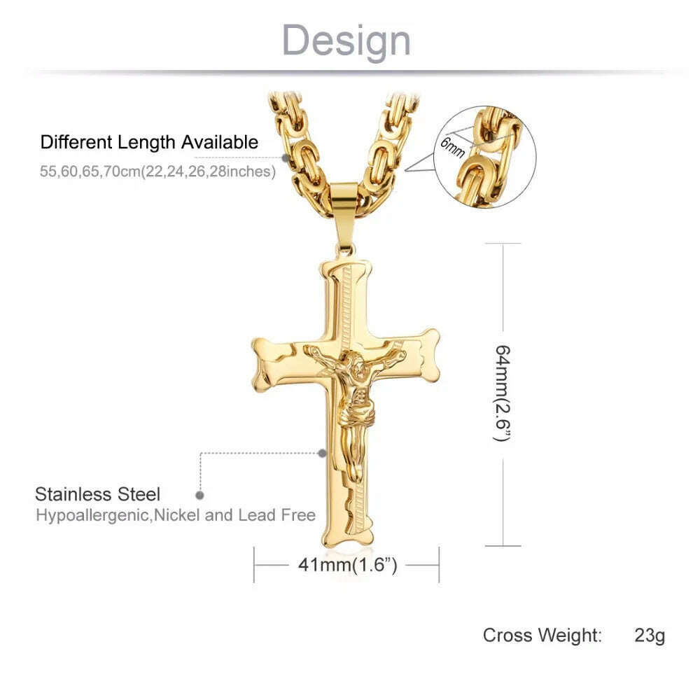 KIMLUD, Gold Color Stainless Steel Jesus Cross Pendant Necklace 6mm Link Byzantine Chain Necklace Long Heavy Men Jewelry collares MN68, KIMLUD Womens Clothes