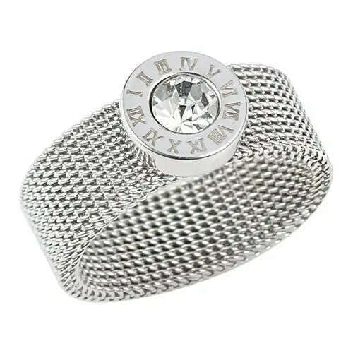Gold Color Stainless Steel Ring Big Round Crystal Mesh Finger Ring Roman Numerals Rings Round Titanium Ring for Women Men - KIMLUD