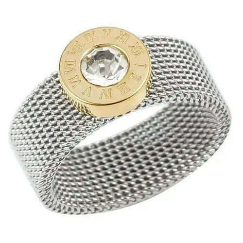 Gold Color Stainless Steel Ring Big Round Crystal Mesh Finger Ring Roman Numerals Rings Round Titanium Ring for Women Men - KIMLUD
