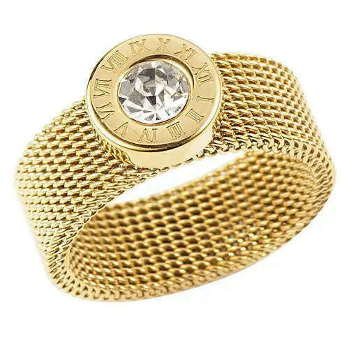 Gold Color Stainless Steel Ring Big Round Crystal Mesh Finger Ring Roman Numerals Rings Round Titanium Ring for Women Men - KIMLUD