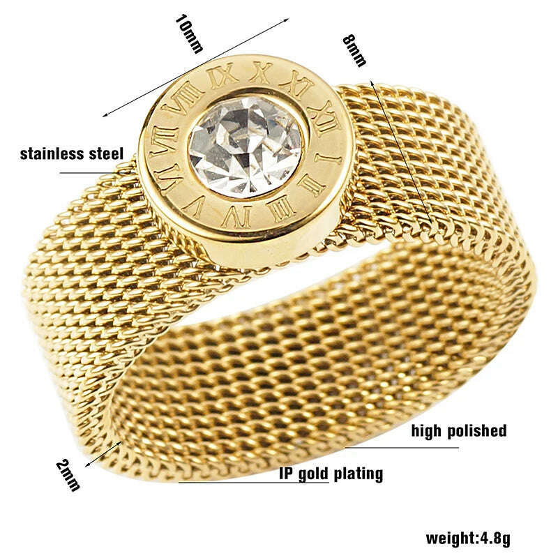 Gold Color Stainless Steel Ring Big Round Crystal Mesh Finger Ring Roman Numerals Rings Round Titanium Ring for Women Men - KIMLUD