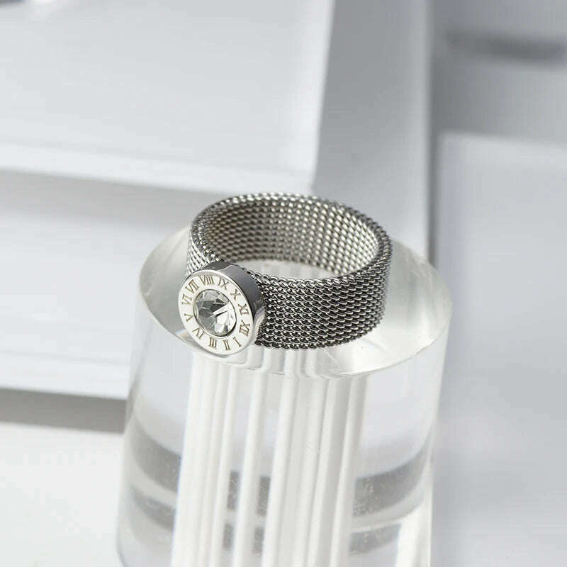 Gold Color Stainless Steel Ring Big Round Crystal Mesh Finger Ring Roman Numerals Rings Round Titanium Ring for Women Men - KIMLUD
